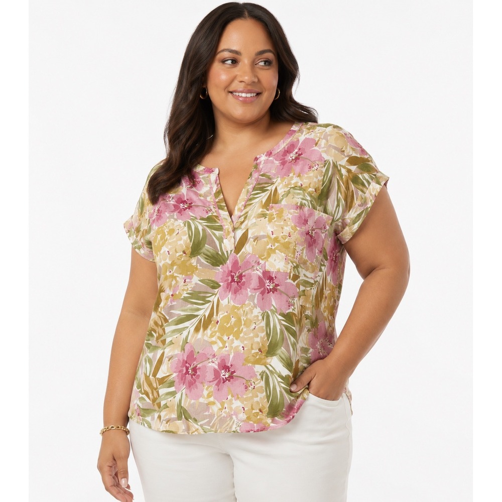 Jones New York JNY Floral Linen‎ Blend Blouse Pink Green 1X NWT Split Neck Top